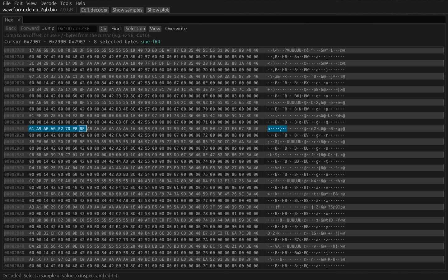 Hex editor with Back, Forward, Jump, Find, Selection, View and Overwrite controls. Cursor 0x2907, 0x2900–0x2907, 8 selected bytes labeled sine · f64, highlighted in both hex and text columns