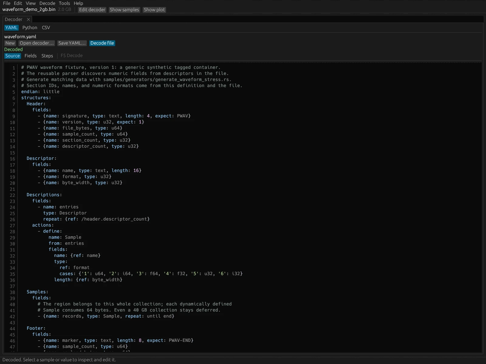 The YAML decoder editor with Source, Fields, and Steps tabs showing the waveform.yaml definition