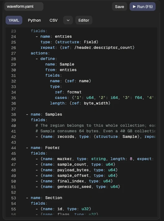 Current YAML decoder editor showing the Sample type defined from descriptors in waveform.yaml