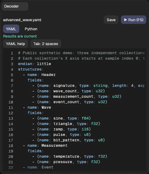 v0.1.8 Decoder panel with Save and Run controls, YAML and Python tabs, live result status, and the public advanced demo definition