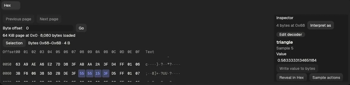 Current Hex and Inspector panels showing the triangle value at sample 5 and its four selected bytes