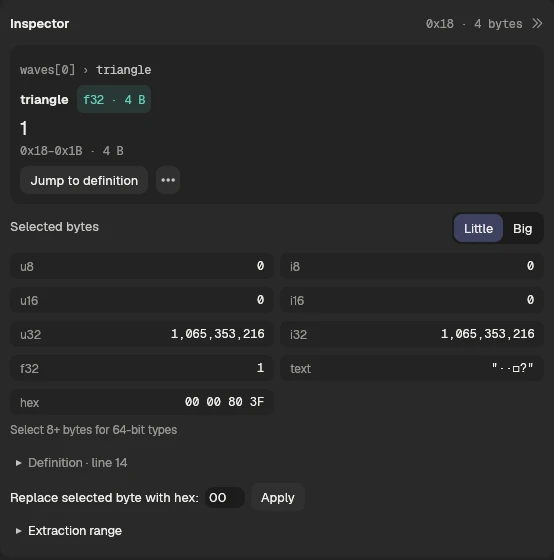 v0.1.8 integrated Inspector showing waves[0].triangle, its f32 type, value 1, four-byte range, and endian controls