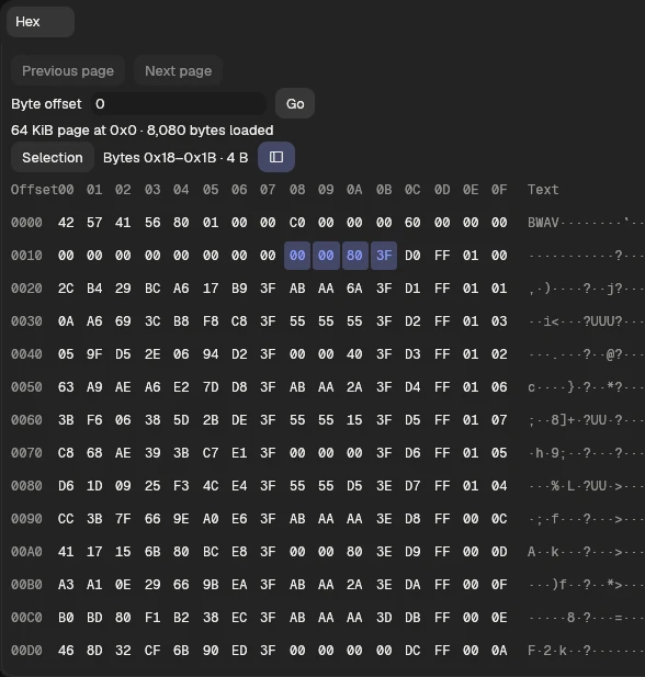v0.1.8 browser Hex panel with column offsets and the triangle field highlighted at bytes 0x18 through 0x1B