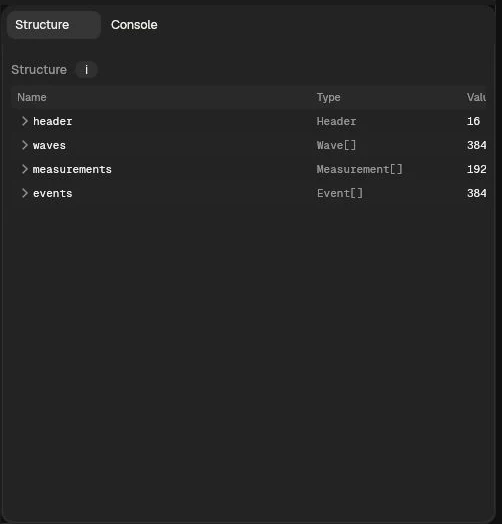 Current Structure panel showing the header, waves, measurements, and events collections in a column-based decoded tree