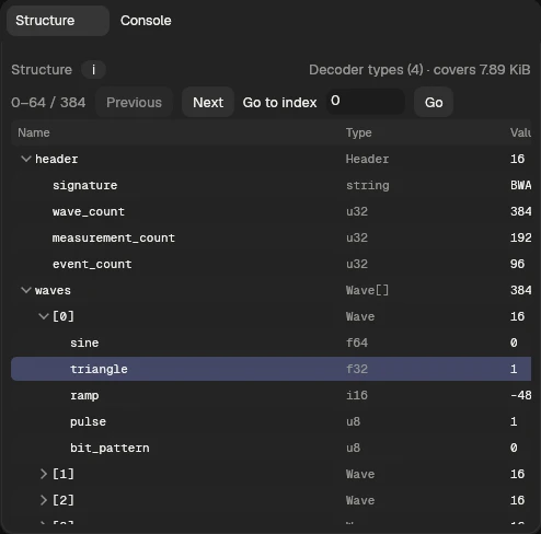 v0.1.8 Structure tree with array indices, named fields, f64 and f32 types, and the selected triangle value